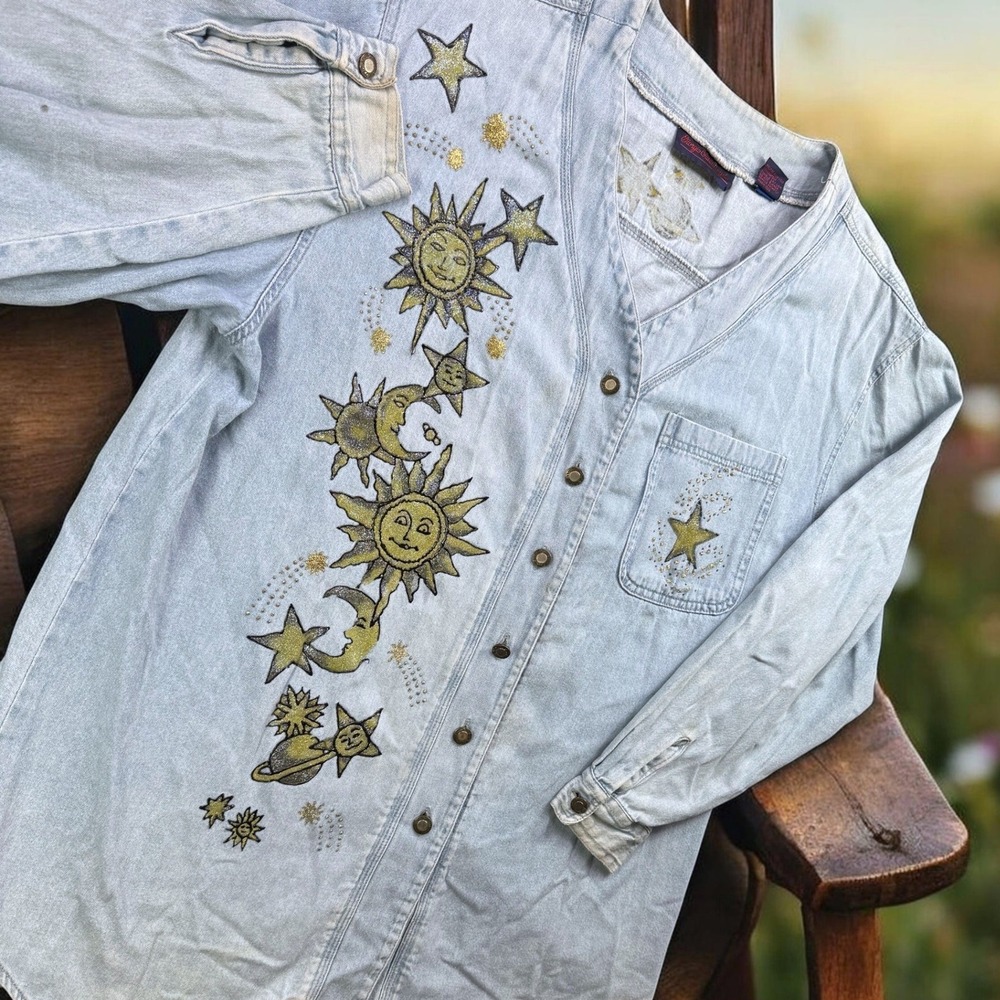 Vintage Giorgio Sant'Angelo Shirt Women L Hand Art Sun Moon Celestial Denim